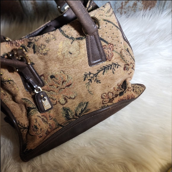 VINTAGE Golden Threaded Floral Tapestry & Leather Large Liz Claiborne Hand Bag - Picture 12 of 17